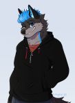  anthro blue_eyes blue_hair canid canine canis clothing fox fur grey_body grey_fur hair hand_in_pocket hi_res hoodie hybrid looking_at_viewer male mammal nimbus pockets smpy solo topwear wolf 