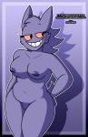  anthro anthrofied breasts curvaceous curvy_figure female gengar genitals grin hands_on_hips happy hi_res inverted_nipples looking_away nintendo nipples nude plump_(character) pok&eacute;mon pok&eacute;mon_(species) pok&eacute;morph pubes purple_background purple_body purple_nipples pussy shadow simple_background slightly_chubby smile solo surrealatorium text url video_games voluptuous 