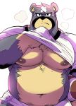  2020 absurd_res animal_crossing anthro belly blush bodily_fluids clothed clothing curt_(animal_crossing) hi_res kokuhane male mammal moobs muscular muscular_male navel nintendo nipples open_shirt overweight overweight_male pecs shirt simple_background solo sweat topwear ursid video_games white_background 