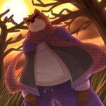  1:1 2012 anthro belly bottomwear brown_body brown_fur clothing fur hi_res juuichi_mikazuki kemono kumamikan male mammal morenatsu outside overweight overweight_male pants scarf shirt solo topwear ursid video_games visual_novel 