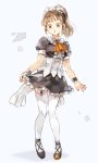  1girl alternate_costume ascot awa_(12687414) black_shirt black_skirt brown_eyes brown_hair corset diane_(nanatsu_no_taizai) enmaided frilled_skirt frills full_body garter_straps high_ponytail long_hair maid maid_headdress miniskirt nanatsu_no_taizai open_mouth orange_neckwear shirt short_sleeves simple_background skirt solo standing thighhighs white_background white_legwear wristband 