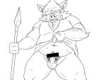  2016 4:3 anthro balls belly blush bodily_fluids censored clothed clothing erection genitals humanoid_genitalia humanoid_hands humanoid_penis kemono male mammal monochrome navel oogamikennta open_shirt overweight overweight_male penis pubes shirt simple_background solo suid suina sus_(pig) sweat topwear weapon white_background wild_boar 