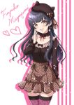  1girl :d animal_ears bangs black_hair black_headwear black_ribbon black_shirt bow breasts brown_skirt cat_ears character_name choker cleavage collarbone cowboy_shot eyebrows_visible_through_hair fake_animal_ears hat hat_bow idolmaster idolmaster_shiny_colors long_hair long_sleeves looking_at_viewer mayuzumi_fuyuko medium_breasts miniskirt neck_ribbon necocafe_lili open_mouth pink_bow pink_legwear polka_dot polka_dot_legwear print_skirt red_bow red_ribbon ribbon shiny shiny_hair shirt skirt smile solo standing thighhighs very_long_hair white_background yellow_eyes zettai_ryouiki 