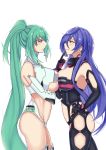  2girls absurdres bare_shoulders blue_hair breast_press breasts cleavage cleavage_cutout earrings elbow_gloves from_side gloves green_hair green_heart hair_between_eyes hair_ornament high_ponytail highres iris_heart jewelry kami_jigen_game_neptune_v large_breasts leotard long_hair looking_at_another multiple_girls neptune_(series) pink_eyes ponytail power_symbol purple_eyes simple_background symbol-shaped_pupils thighhighs very_long_hair white_background zatsu 