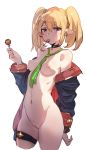  1girl between_breasts blonde_hair bottomless bow_(bhp) breasts candy chloe_(princess_connect!) choker coat food green_neckwear hair_between_eyes hair_tie holding holding_candy holding_food lollipop long_sleeves looking_at_viewer navel necktie necktie_between_breasts no_bra open_clothes open_coat pointy_ears princess_connect! princess_connect!_re:dive purple_eyes pussy scrunchie simple_background sketch skindentation small_breasts solo thigh_strap twintails white_background wrist_scrunchie 