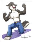  anthro black_nose brian_reynolds canid canine clothed clothing eyes_closed hi_res male mammal navel open_mouth solo toonfx topless 