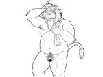  2017 4:3 anthro balls belly censored felid flaccid genitals humanoid_genitalia humanoid_hands humanoid_penis kemono lion male mammal monochrome moobs navel nipples oogamikennta overweight overweight_male pantherine penis simple_background solo towel wet white_background 