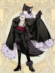  1boy animal_ear_fluff animal_ears animal_on_head asymmetrical_footwear asymmetrical_legwear bird bird_on_head black_cape black_footwear black_pants cape cat_ears dairoku_youhei formal full_body fur_trim gloves hand_on_hip l_(matador) multicolored_hair on_head open_mouth pants paw_gloves paws red_eyes simple_background solo streaked_hair suit tail thigh_strap yellow_background 