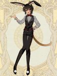  :d androgynous animal_ears black_legwear black_pants black_vest bow bowtie bunny_ears cat_ears dairoku_youhei fake_animal_ears full_body grey_shirt hand_on_hip knees_together_feet_apart l_(matador) open_mouth pants red_bow red_eyes shirt simple_background smile solo tail vest wrist_cuffs yellow_background 
