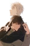  2boys absurdres bishounen black_gloves black_jacket brown_hair closed_eyes gloves highres hug ilay_riegrow jacket jeong_taeui light_smile male_focus multiple_boys o_ssion passion_(manhwa) short_hair simple_background upper_body white_background white_hair yaoi 