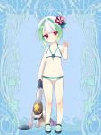  1girl ahoge bad_proportions bikini child dairoku_youhei flower full_body green_hair hair_flower hair_ornament holding holding_stuffed_animal l_(matador) looking_at_viewer multicolored_hair red_eyes sandals simple_background solo standing stuffed_animal stuffed_bunny stuffed_toy swimsuit two-tone_hair v white_bikini white_hair 