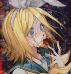  1girl aqua_eyes bare_shoulders blonde_hair blood blood_from_mouth bow chariko chromatic_aberration crying crying_with_eyes_open glitch hair_bow kagamine_rin multicolored multicolored_background nosebleed pale_skin sailor_collar shirt short_hair sleeveless sleeveless_shirt static surprised tears treble_clef vocaloid 