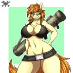  1:1 2020 absurd_res anthro belt big_breasts blonde_hair bra breasts cleavage clothed clothing equid fan_character green_eyes hair hi_res high_impact_(character) horn looking_at_viewer mammal metalfoxxx my_little_pony pinup pose ranged_weapon rocket_launcher rpg_(disambiguation) smile solo thick_thighs thing_waist underwear unicorn weapon wide_hips 