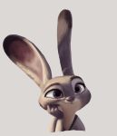  2020 anthro bust_portrait clothed clothing dipstick_ears disney famished_(artist) fur grey_background grey_body grey_fur hi_res judy_hopps lagomorph leporid light lighting mammal multicolored_ears pink_nose portrait purple_eyes rabbit shirt simple_background smile solo topwear zootopia 