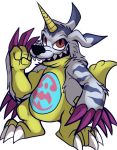  animal_skin black_nose blue_body blue_fur blue_markings claws digimon digimon_(species) fingers fur gabumon horn male markings pink_markings red_eyes sharp_teeth simple_background teeth toe_claws vermstudio white_background yellow_body 