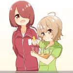  2girls arms_behind_back blush bowl brown_eyes brown_hair commentary_request drawstring eyebrows_visible_through_hair green_hoodie hair_over_one_eye highres holding holding_bowl holding_whisk hoshino_miyako_(wataten) jacket konomori_kanon light_brown_hair looking_at_another looking_at_object manse mixing mixing_bowl multiple_girls open_mouth simple_background sweatdrop track_jacket track_suit watashi_ni_tenshi_ga_maiorita! whisk white_background 