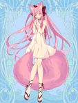  1girl animal_ears blue_eyes bow dairoku_youhei dress fox_ears fox_tail full_body hair_bow halterneck hands_together interlocked_fingers knees_together_feet_apart l_(matador) long_hair looking_at_viewer pink_hair pink_nails red_bow sandals simple_background smile solo standing tail very_long_hair white_dress wristband 