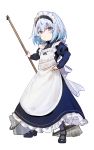  1girl alternate_costume apron blue_eyes blue_hair broom bucket enmaided full_body hand_on_hip highres looking_at_viewer maid maid_apron maid_day maid_headdress ryuuou_no_oshigoto! shirabi short_hair simple_background solo sora_ginko standing white_background younger 