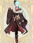  androgynous aqua_hair black_choker black_pants black_wristband braid choker closed_eyes commission dairoku_youhei facing_viewer fur_trim gradient_hair hand_up hat l_(matador) mini_hat multicolored_hair pants smile solo tilted_headwear wide_sleeves wristband 