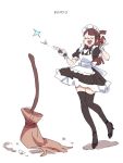  1girl alternate_costume artist_name black_legwear broom brown_hair closed_eyes enmaided findoworld kagari_atsuko little_witch_academia long_hair maid maid_day maid_headdress one_side_up open_mouth simple_background sketch standing standing_on_one_leg thighhighs wand white_background wrist_cuffs zettai_ryouiki 