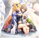  2girls arm_support bianka_durandal_ataegina black_legwear blonde_hair blue_eyes blush breasts brown_hair china_dress chinese_clothes cleavage_cutout commentary_request dress ekusufeito floral_print flower grass hair_between_eyes hair_flower hair_ornament hair_over_one_eye hand_on_own_chest highres honkai_(series) honkai_impact_3rd large_breasts long_hair multiple_girls navel navel_cutout open_mouth red_eyes rita_rossweisse rita_rossweisse_(maid_of_celestia) rose_print short_hair shoulder_cutout sitting sitting_on_rock smile soaking_feet thighhighs very_long_hair water wristband 