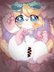  2019 absurd_res accessory alice_(cat_busters) anthro anus blonde_hair blue_eyes blush bodily_fluids cat_busters censored chest_tuft domestic_cat felid feline felis female fur genitals gloves_(marking) hair hair_accessory hair_bow hair_ribbon hi_res ineffective_censorship leg_markings looking_at_viewer mammal markings meru_(artist) pawpads paws pink_markings pink_pawpads pussy ribbons socks_(marking) solo tears tuft whiskers white_body white_fur 