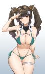  1girl absurdres arm_up armpits bangs bare_arms bare_shoulders bikini blush breasts brown_hair character_request cleavage closed_mouth cowboy_shot ett01024 eyebrows_visible_through_hair green_bikini green_ribbon highres large_breasts last_origin looking_at_viewer orange_eyes ribbon salute seashell_hair_ornament side-tie_bikini sidelocks skindentation smile solo swimsuit thigh_gap thigh_strap twintails wristband 