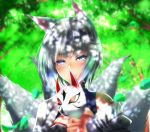  1girl animal_ears azur_lane blue_eyes blush breasts closed_mouth eyebrows_visible_through_hair fox_ears fox_girl fox_mask fox_tail furry grey_hair highres holding holding_mask ishida_katsuzane japanese_clothes kaga_(azur_lane) kimono large_breasts leaf looking_at_viewer mask multiple_tails short_hair smile tail tree white_hair white_kimono 