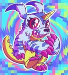  2014 ambiguous_gender blue_body blue_fur blue_markings claws digimon digimon_(species) dolcisprinkles fur gabumon horn markings open_mouth open_smile purple_body sharp_teeth signature smile solo spikes teeth toe_claws yellow_body 
