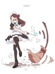  &gt;_&lt; 1girl alternate_costume artist_name black_legwear broom brown_hair closed_eyes covering_nose enmaided findoworld kagari_atsuko little_witch_academia long_hair maid maid_day maid_headdress one_side_up simple_background sketch standing standing_on_one_leg thighhighs wand white_background wrist_cuffs zettai_ryouiki 