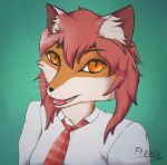  2020 accessory anthro canid canine clothing ear_tuft female fox foxsys hair hair_accessory hi_res looking_at_viewer mammal necktie open_mouth open_smile orange_eyes pink_hair school_uniform shirt signature simple_background smile solo teeth topwear tuft uniform whiskers 