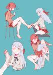  !? 2girls absurdres bangs bare_legs barefoot bat_hair_ornament between_toes black_bow black_footwear black_legwear black_shirt blue_background blush bow cardigan chair closed_eyes collared_shirt cross_hair_ornament dress_shirt fang feet fingers_between_toes foot_licking gabriel_dropout hair_bow hair_ornament hair_rings hand_on_own_head highres kneehighs kurumizawa_satanichia_mcdowell lan_mao_akko leg_grab leg_lift leg_up legs licking long_hair long_sleeves looking_at_another miniskirt multiple_girls necktie nose_blush open_mouth orange_cardigan pleated_skirt red_bow red_hair red_neckwear red_skirt school_uniform shiraha_raphiel_ainsworth shirt sitting sketch skirt smile smirk soles speed_lines spread_legs surprised sweat tearing_up tears thigh_grab wavy_mouth white_cardigan white_hair yellow_eyes yuri 