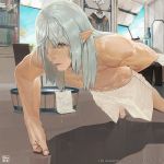  1boy arm_behind_back bangs barefoot chest copyright copyright_name day dripping elezen elf estinien exercise final_fantasy final_fantasy_xiv foreshortening grey_eyes grey_hair indoors lips long_hair male_focus muscle no_nipples official_art parted_bangs parted_lips pectorals pointy_ears push-ups shirtless shorts sidelocks solo sweat towel training white_shorts white_towel 