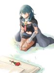  1girl armor black_shorts blue_hair byleth_(fire_emblem) byleth_(fire_emblem)_(female) cape closed_eyes closed_mouth fire_emblem fire_emblem:_three_houses flower navel_cutout pantyhose robaco short_shorts shorts solo 