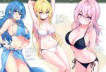  3girls :d absurdres armpits arms_up bikini black_bikini blonde_hair blue_eyes blue_hair breasts choker cleavage contrapposto cowboy_shot cu-no earrings hair_between_eyes hair_ornament hairclip hakurei_botan highres hisenkaede hoop_earrings jewelry kohitsuji_ai large_breasts long_hair looking_at_viewer multiple_girls navel open_mouth parted_lips pink_eyes pink_hair purple_eyes sarong scan side-tie_bikini sidelocks smile strapless strapless_bikini swimsuit translation_request very_long_hair yayoi_sakura 