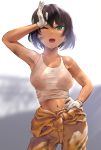  1girl ;d arm_up bangs bare_shoulders black_hair blurry blurry_background blush breasts brown_hair clothes_around_waist collarbone contrapposto covered_nipples cowboy_shot dark_skin dirty_clothes eyebrows_visible_through_hair girls_und_panzer gloves green_eyes hand_on_hip highres hoshino_(girls_und_panzer) jumpsuit large_breasts looking_at_viewer navel no_bra one_eye_closed open_mouth orange_jumpsuit pants see-through shirt short_hair smile solo standing stomach sweat tank_top tied_shirt wa_(genryusui) wet wet_clothes white_gloves white_shirt 