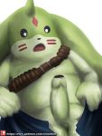 3:4 balls black_glans clothing digimon digimon_(species) erection gargomon genitals glans green_balls green_body green_foreskin green_penis hi_res looking_down male open_mouth partially_retracted_foreskin penis simple_background solo tongue uncut white_background winick-lim 