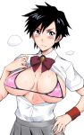  1girl arisawa_tatsuki bikini black_hair bleach bow em_(totsuzen_no_hakike) hair_between_eyes micro_bikini open_clothes open_shirt pleated_skirt red_bow red_neckwear shiny shiny_hair shirt short_hair simple_background skirt solo swimsuit white_background white_shirt wristband 