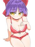  1girl bow bra breasts choker cleavage commentary_request gegege_no_kitarou hair_bow looking_at_viewer naitou_kouse navel nekomusume nekomusume_(gegege_no_kitarou_6) panties pointy_ears purple_hair red_bow red_choker short_hair simple_background solo underwear white_background yellow_eyes 