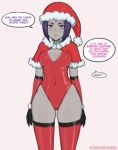  1girl afrobull breasts cleavage detached_sleeves english_text forehead_jewel gloves grey_skin hat image_sample leotard looking_at_viewer lowres navel purple_eyes purple_hair raven_(dc) red_leotard santa_costume santa_hat short_hair solo speech_bubble tagme teen_titans thighhighs 