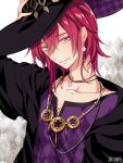  1boy argyle argyle_background bead_necklace beads black_headwear dairoku_youhei earrings flower_earrings hair_between_eyes hand_up jewelry l_(matador) looking_at_viewer male_focus necklace purple_shirt red_hair shirt silver_eyes solo upper_body 