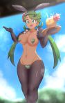  animal_ears black_gloves breasts bunny_ears coconut gloves green_eyes green_hair highres large_breasts mao_(pokemon) meme_attire navel pasties pina_colada pokemon reverse_bunnysuit reverse_outfit robert_m smile twintails 