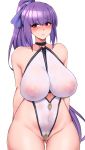  1girl absurdres areolae blush breasts collarbone covered_navel dantes_ward fate/grand_order fate_(series) hair_between_eyes highres large_areolae large_breasts nipples o-ring o-ring_top purple_hair purple_ribbon red_eyes revealing_clothes ribbon scathach_(fate)_(all) scathach_skadi_(fate/grand_order) see-through simple_background solo swimsuit white_background 