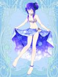  1girl anklet bangs barefoot blue_bow blue_nails blue_skirt bow closed_eyes dairoku_youhei facing_viewer full_body gradient_hair jewelry l_(matador) long_hair midriff multicolored_hair navel pale_skin purple_hair side_bun simple_background skirt skirt_hold smile snowflake_print solo standing unmoving_pattern white_bow 