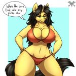  1:1 2020 absurd_res amber_steel angry anthro big_breasts bikini black_hair breasts camel_toe cleavage clothed clothing english_text equid hair hands_on_hips hi_res horn hungry mammal metalfoxxx pose swimwear text thin_waist unicorn wide_hips 