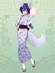  1girl animal_ears bag candy cherry_print cotton_candy dairoku_youhei eating food food_print fox_ears fox_girl fox_tail full_body green_background hair_between_eyes handbag japanese_clothes kimono l_(matador) lollipop looking_at_viewer purple_hair red_eyes sandals simple_background solo standing tail wide_sleeves 