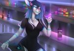  alcohol android anthro bar beverage black_body black_clothing black_dress black_fur blue_hair blue_markings blue_tongue breasts canid canine clothing colored_nails dress drinking facial_piercing female fur hair licking licking_lips looking_at_viewer machine mammal markings multicolored_body multicolored_eyes nails neon neon_eyes neon_lights noodlerain nose_piercing piercing robot sitting solo tongue tongue_out two_tone_body white_body white_fur 