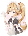  1girl alternate_costume apron bangs black_bow black_dress blue_eyes blush bow charlotta_fenia closed_mouth collared_dress cropped_torso dress duster enmaided granblue_fantasy hair_between_eyes hand_up harvin holding light_brown_hair long_hair looking_at_viewer maid maid_apron maid_headdress meito_(maze) parted_bangs pointy_ears ponytail puffy_short_sleeves puffy_sleeves short_sleeves sidelocks smile solo upper_body v-shaped_eyebrows very_long_hair white_apron wrist_cuffs 