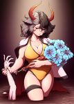  1girl absurdres animal_ears blue_flower bouquet breasts cleavage collarbone cow_ears flower highres horns large_breasts mefomefo multicolored_hair one-piece_swimsuit partially_submerged red_eyes spanish_commentary swimsuit thigh_strap touhou two-tone_hair ushizaki_urumi wading wrist_grab yellow_swimsuit 