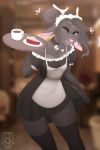  &lt;3 anthro beverage brown_body brown_eyes brown_fur brown_hair cake cervid coffee collar female food fur hair hi_res horn long_ears looking_at_viewer mammal noodlerain one_eye_closed portrait solo three-quarter_portrait tongue tongue_out waiter 